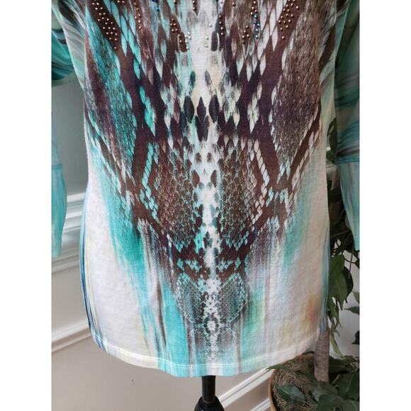 New Directions Blouse Women Medium Multicolor Teal Brown Abstract Print Top - Picture 11 of 11